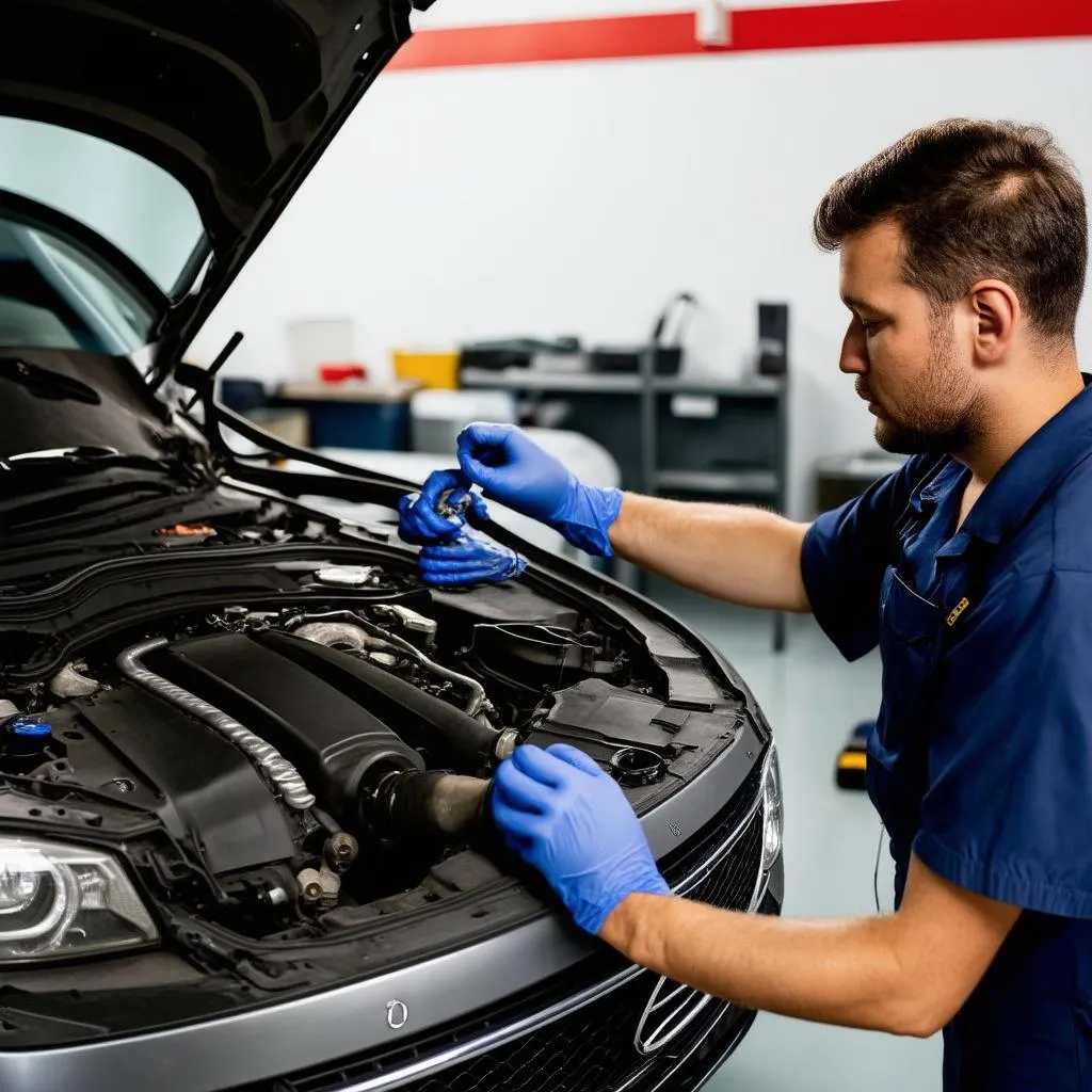 Mechanic inspecting car transmission