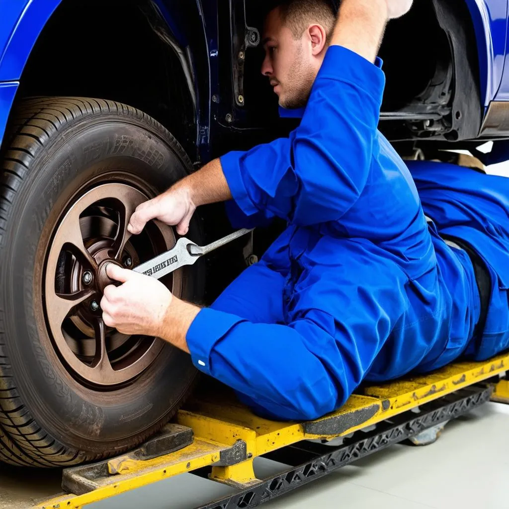 A mechanic inspects a car wheel with a tire removed.