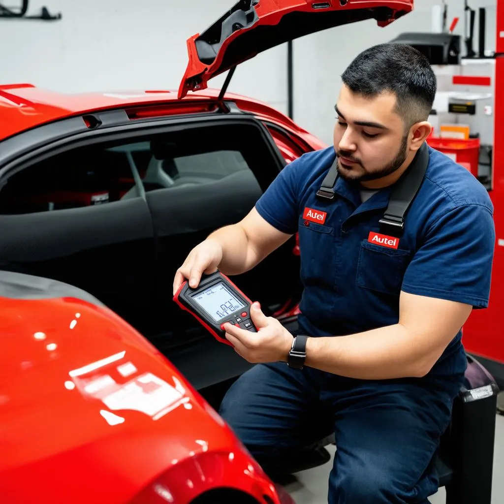 Mechanic Inspecting Car with Autel Tester