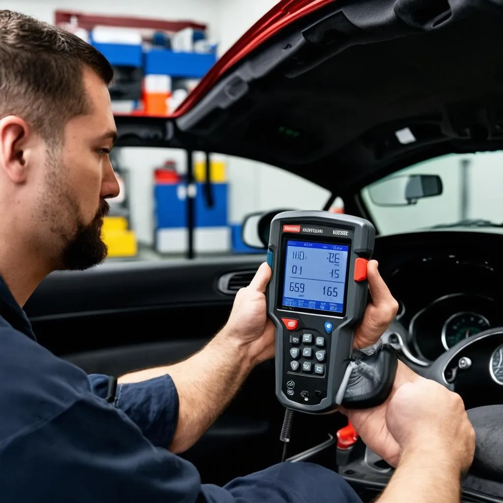 Mechanic using a Diagnostic Scanner