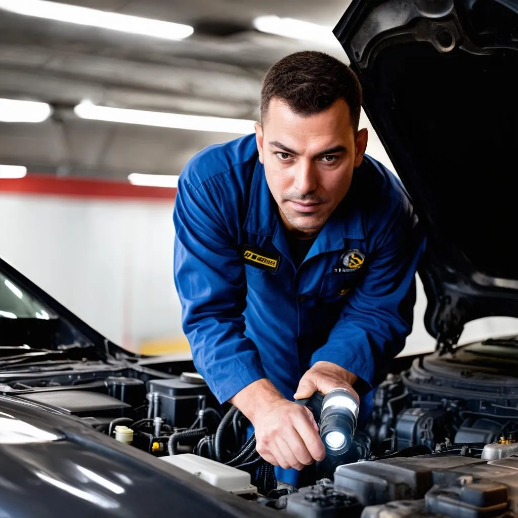 Mechanic Inspecting a Car Engine