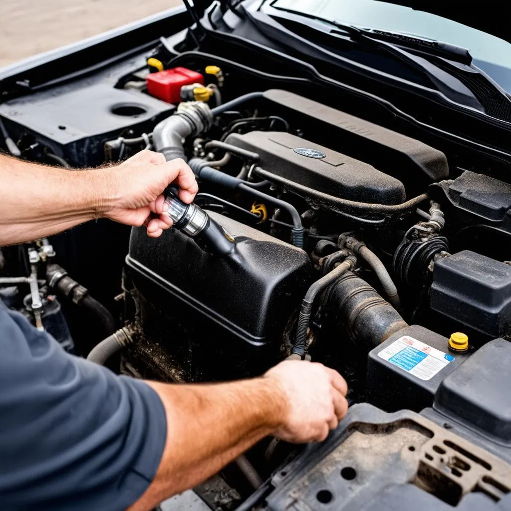 Mechanic inspecting the engine of a Ford Escape