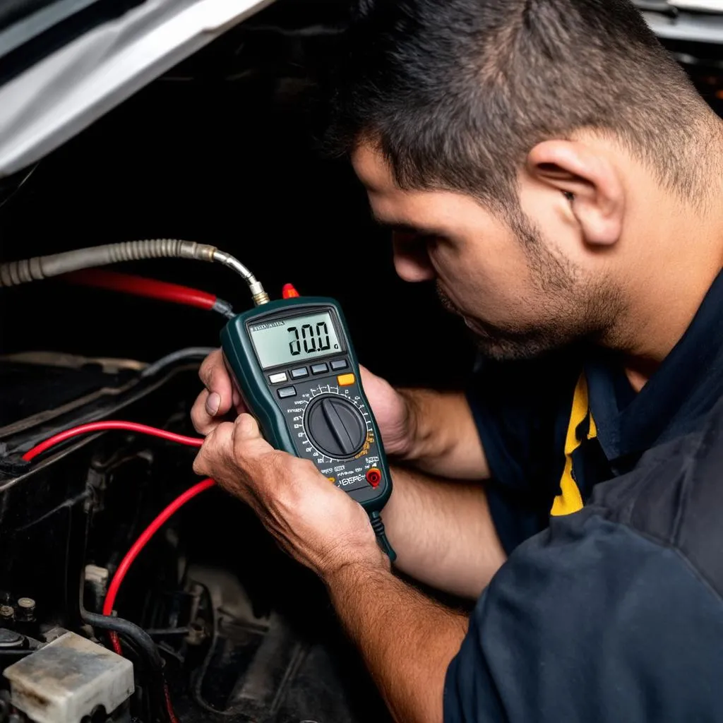 A mechanic inspecting an oxygen sensor with a digital multimeter