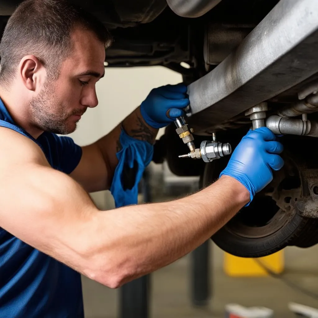 Mechanic Inspecting Oxygen Sensor