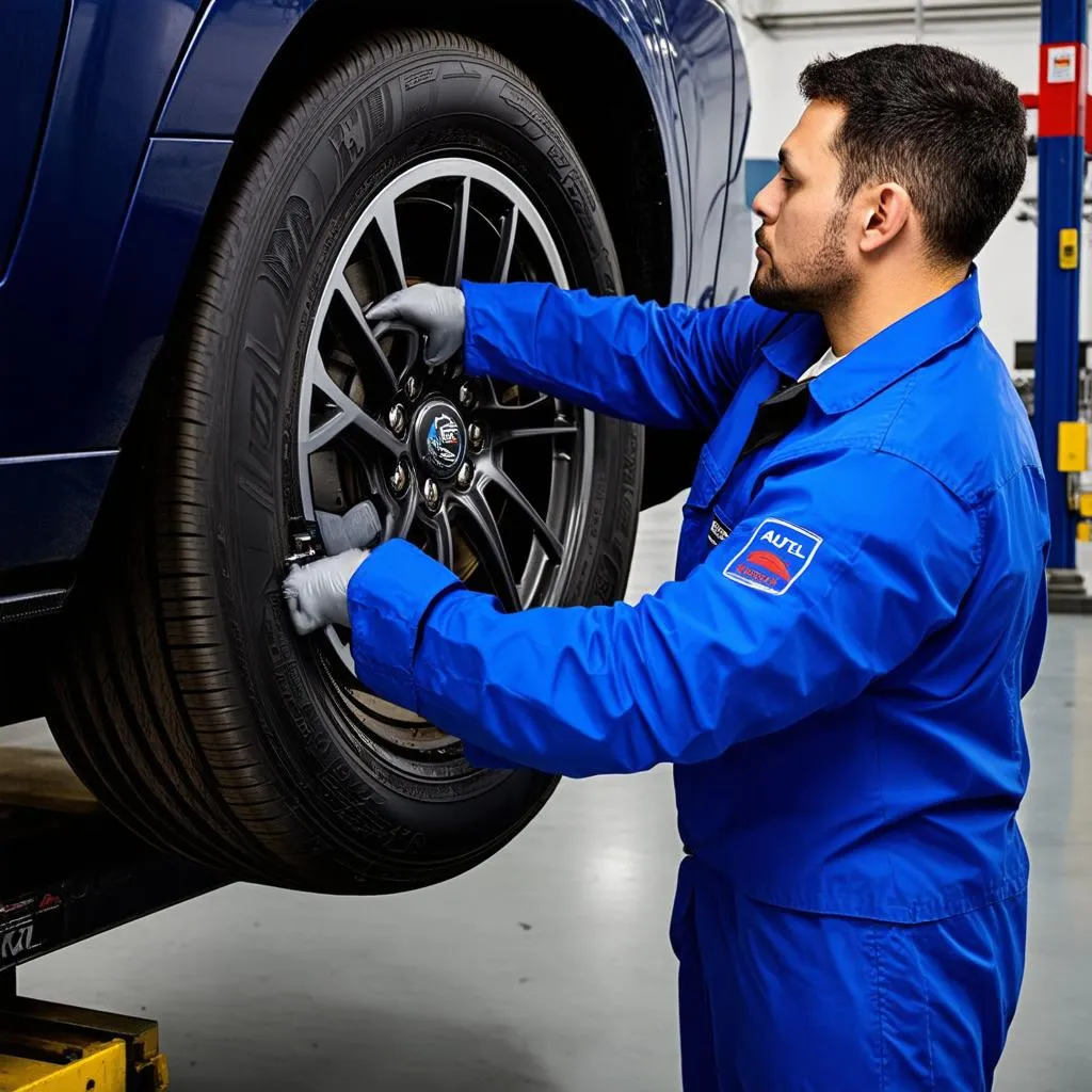 Mechanic Installing TPMS Sensor