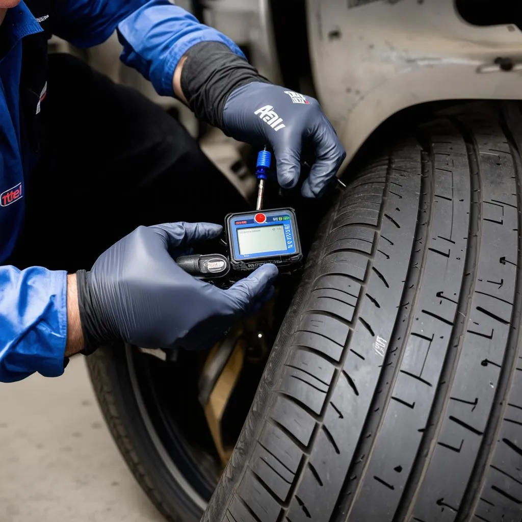 Mechanic Installing TPMS Sensor