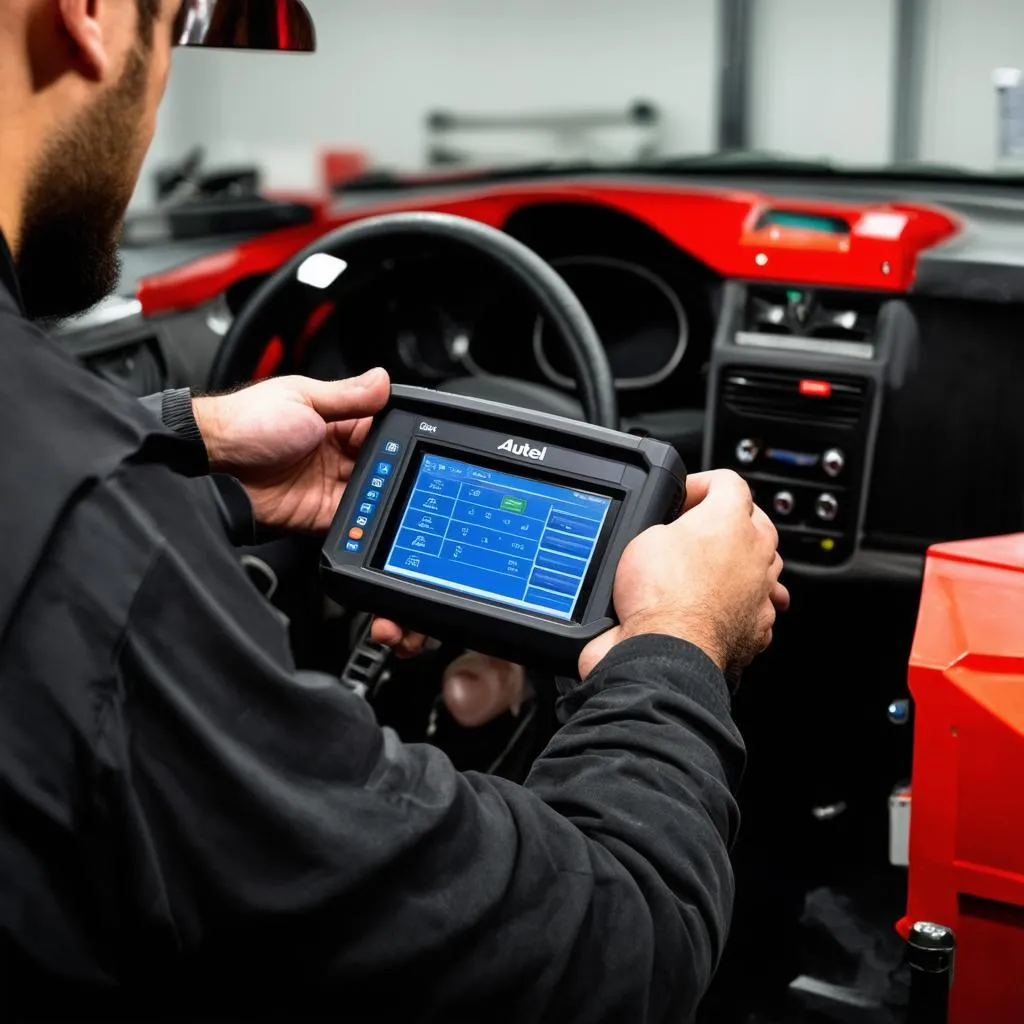 Mechanic using Autel MaxiSys Elite to program a car module