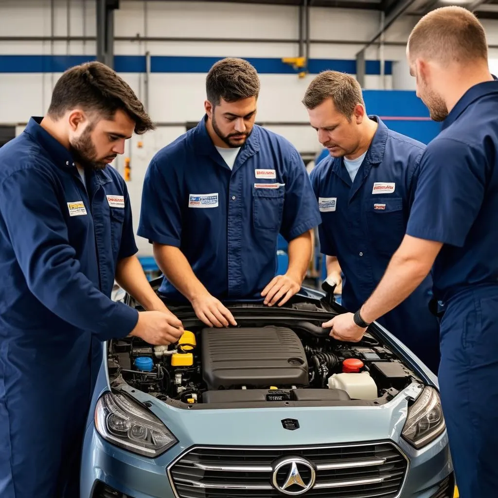 Mechanics discussing a problem