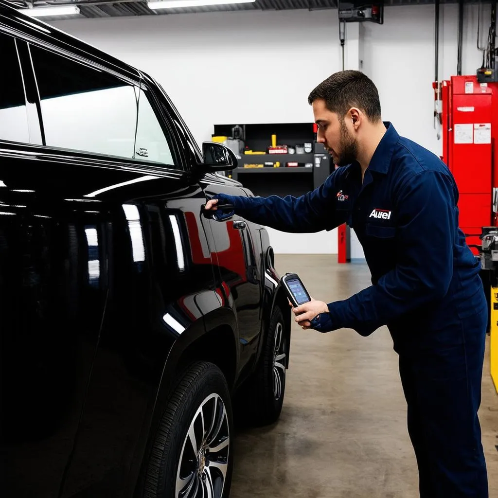 Mechanic using an Autel scanner for navigation unlock