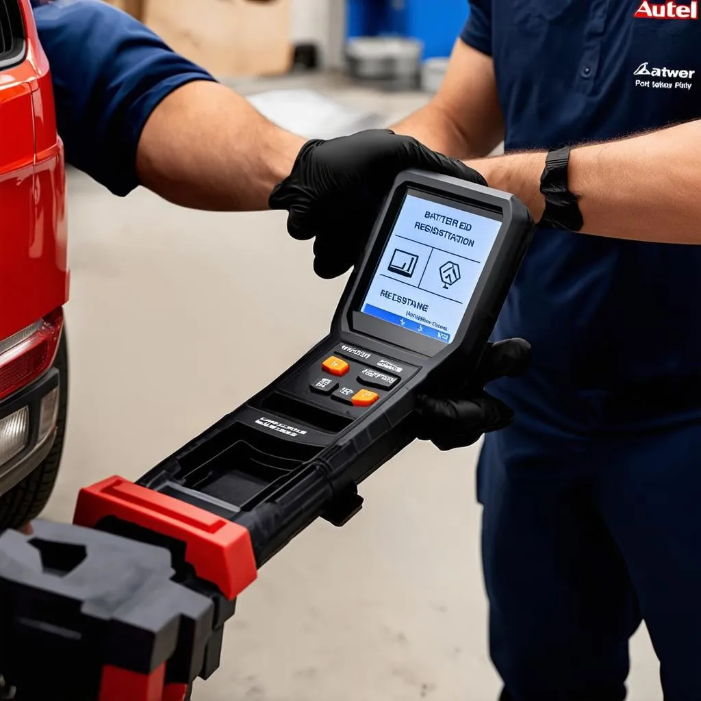 Mechanic using Autel scanner to register a car battery