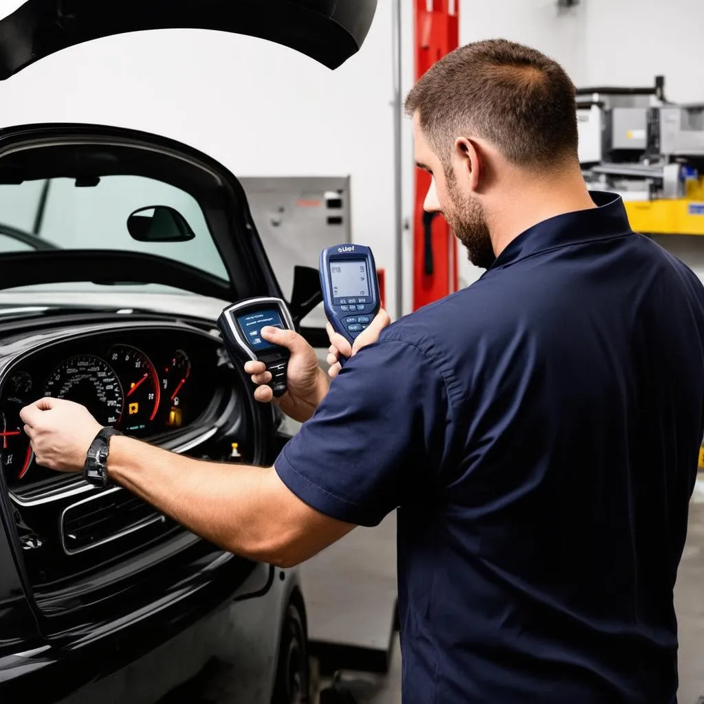 Mechanic diagnosing a car with an Autel 708 scanner