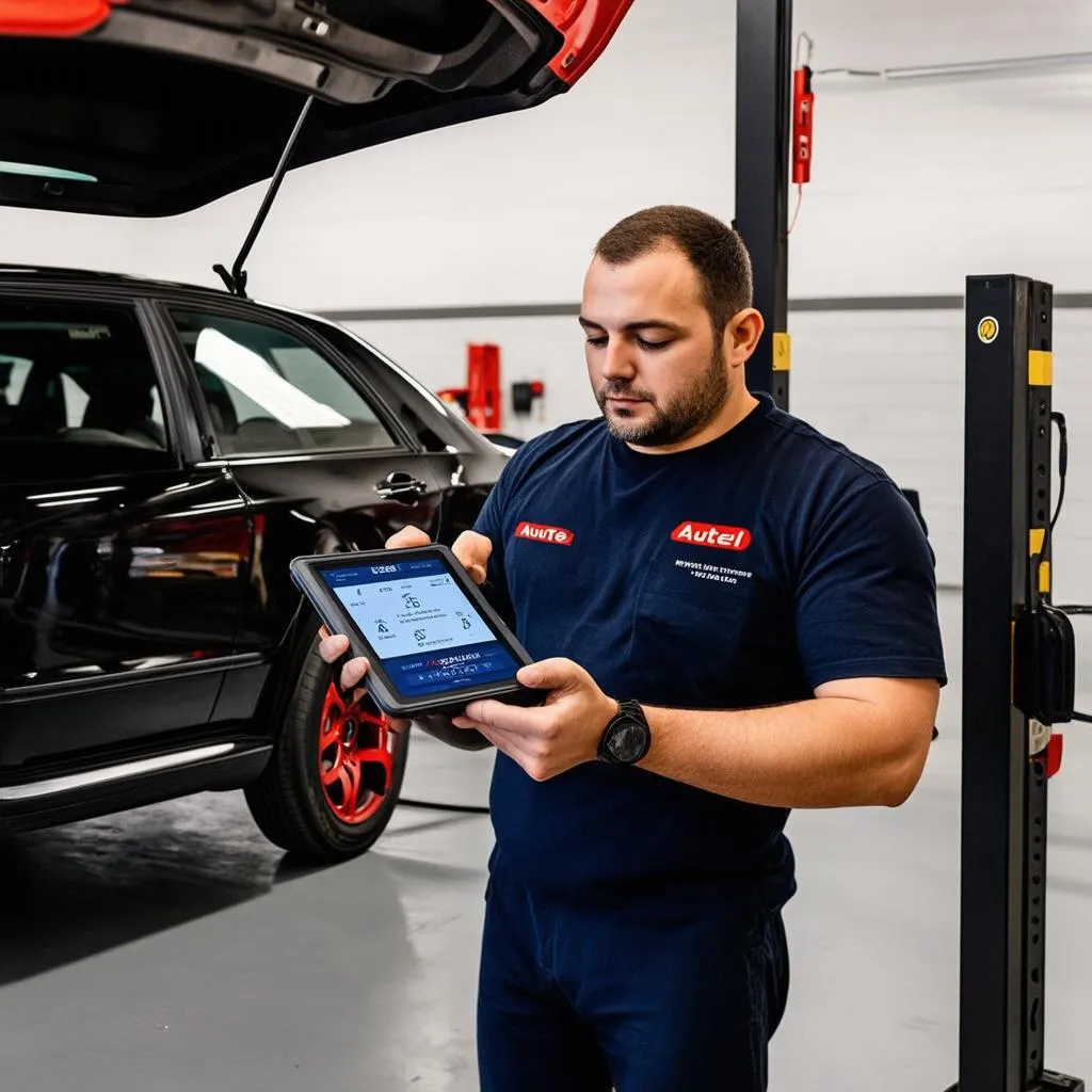 A mechanic using the Autel MaxiAP AA101 to diagnose a car problem