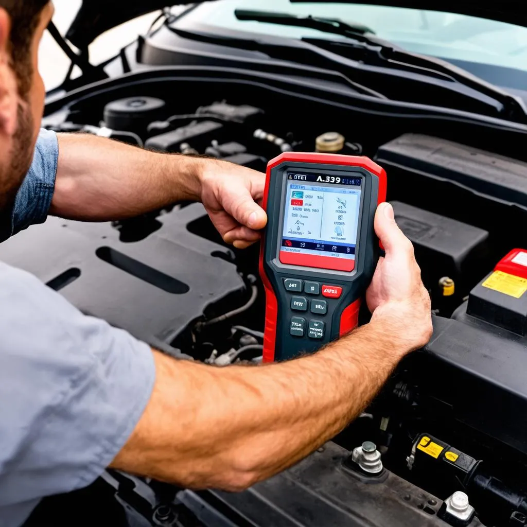 A mechanic using the Autel AL329-R to diagnose a car engine problem