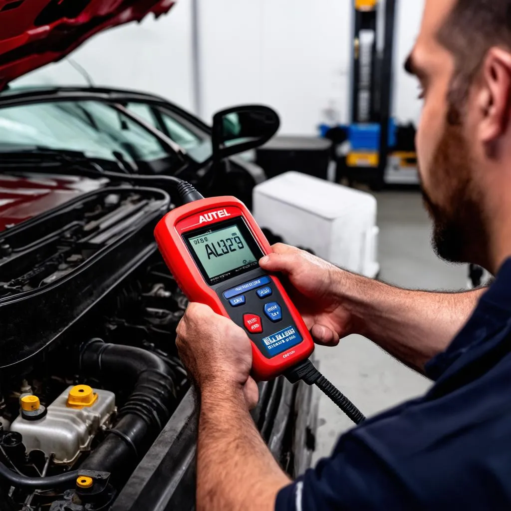 Mechanic Using Autel AL329 Scanner