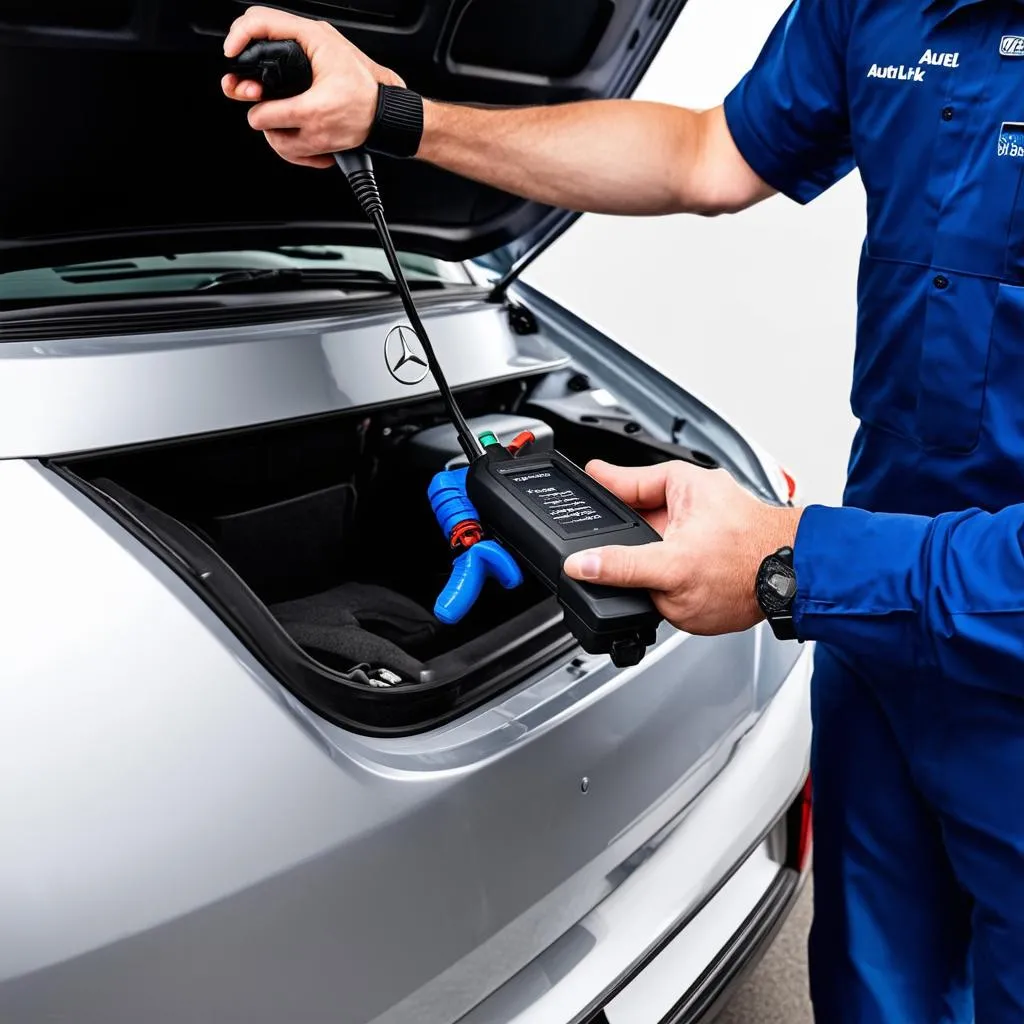 A mechanic using the Autel AutoLink AL619EU on a European car