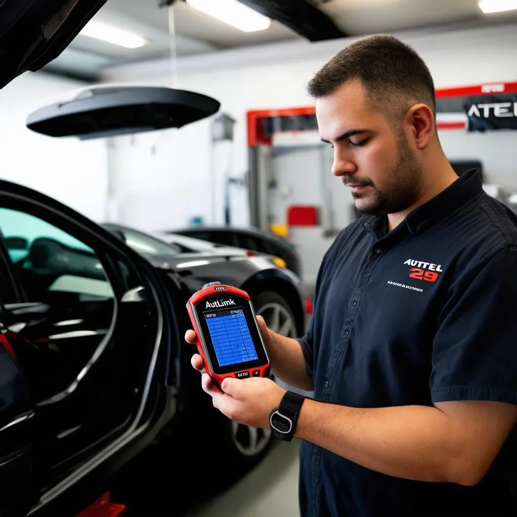 Mechanic using Autel AutoLink AL529 to diagnose a car problem