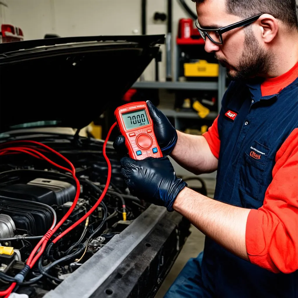 Mechanic using Autel BT608 multimeter