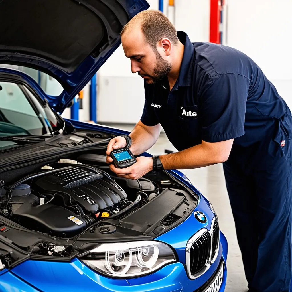 Mechanic Using Autel Code Reader on a BMW