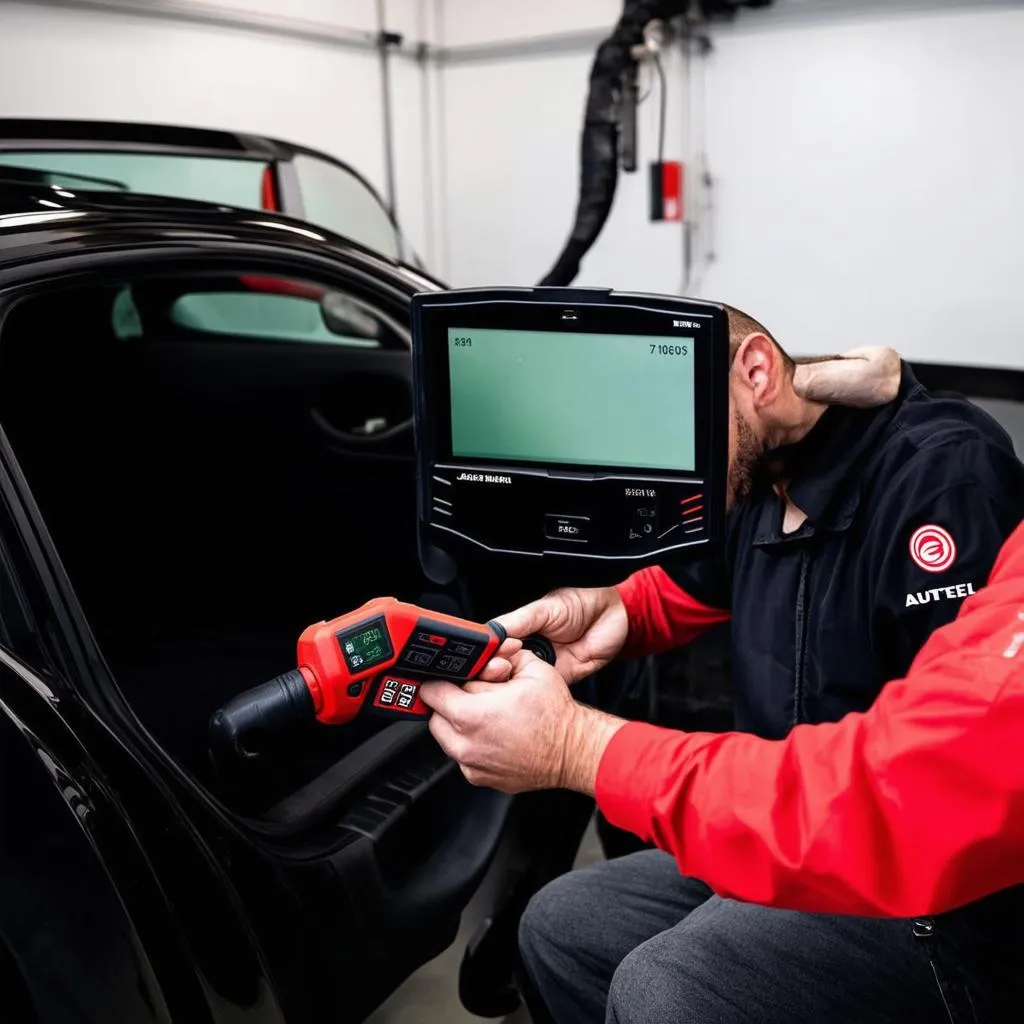 Mechanic Using Autel CSC0802 to Program TPMS Sensor