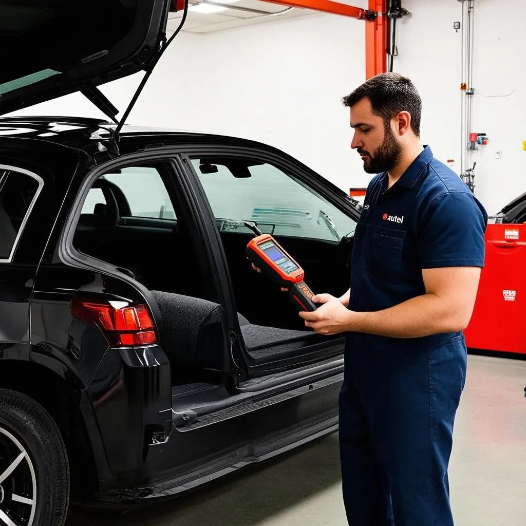 Mechanic using an Autel scan tool to diagnose a car problem