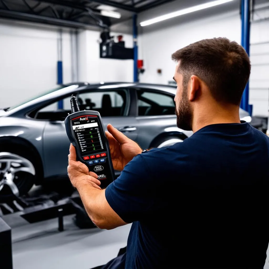 Mechanic using an Autel scanner to diagnose a car