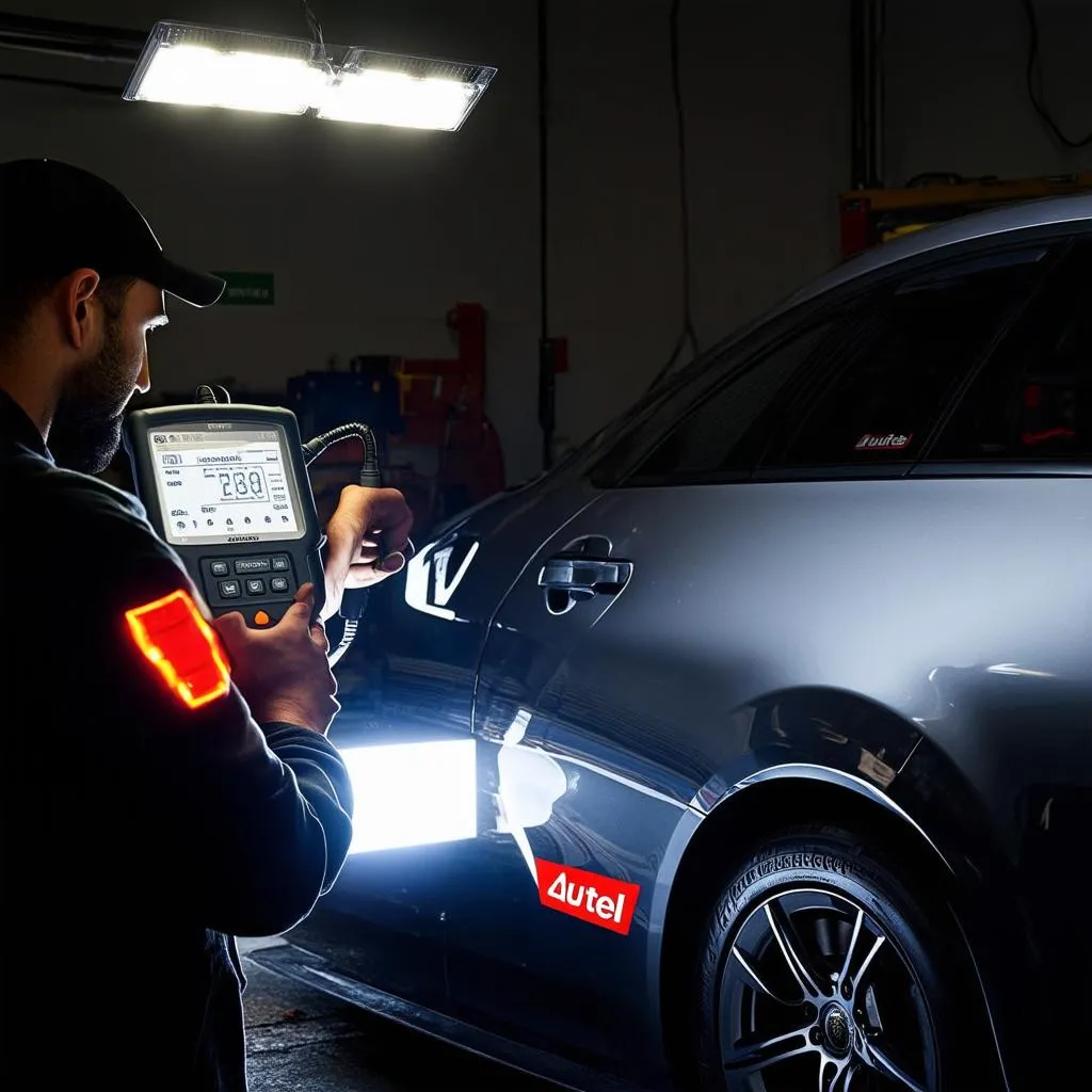 Mechanic using Autel diagnostic tool on a European car