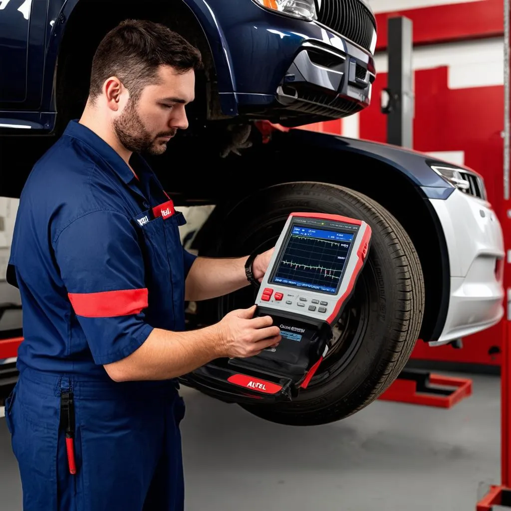 Mechanic Diagnosing a Car with Autel Tools