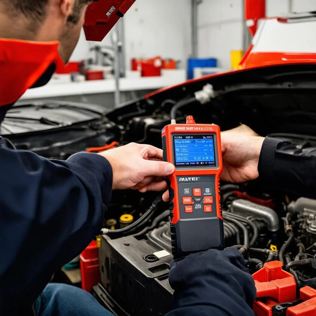 Mechanic Using Autel DS708