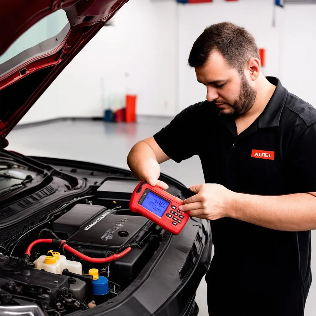 Mechanic Using Autel DS708 on a Car