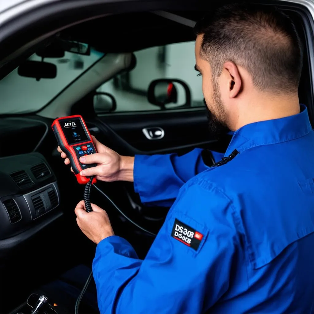 Mechanic using Autel DS808 to diagnose a car problem