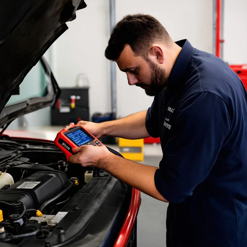 Mechanic Using Autel DS808 for Car Diagnostics