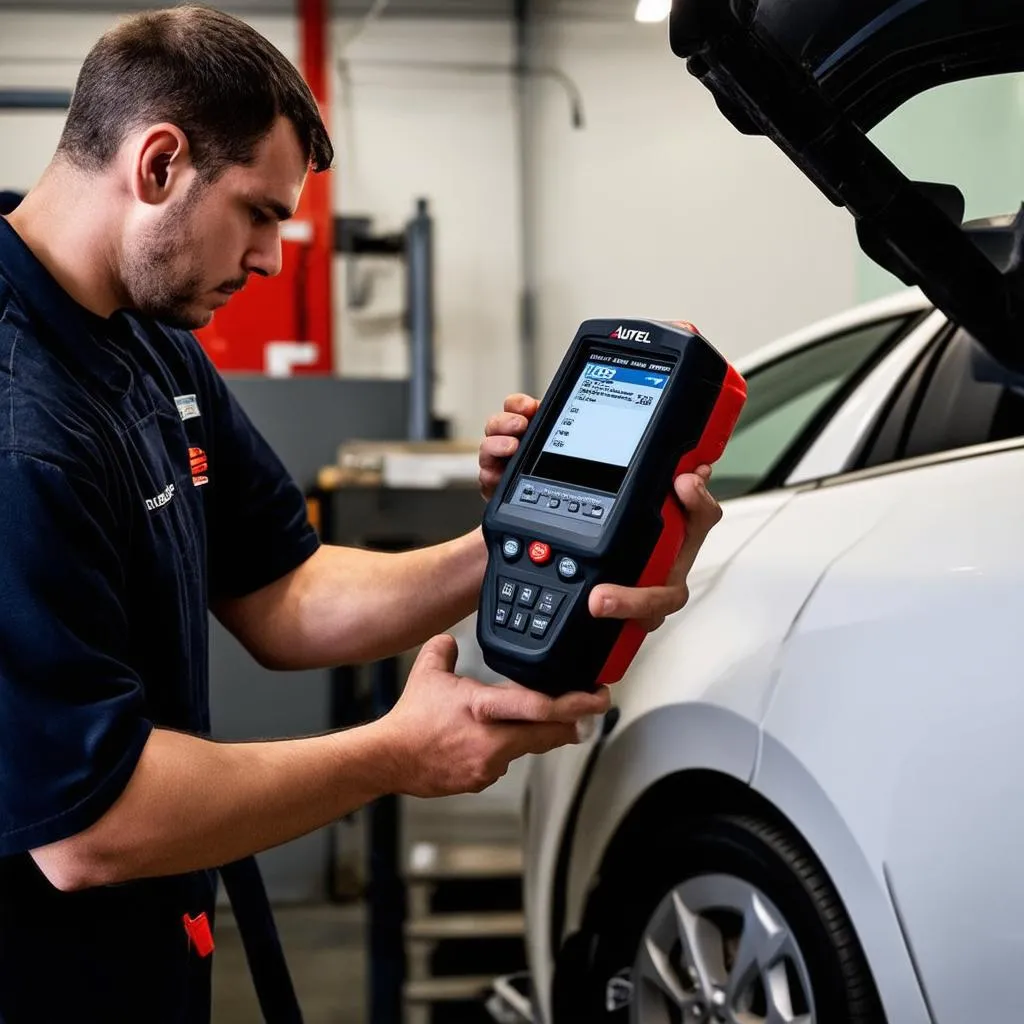 Mechanic using Autel DS808