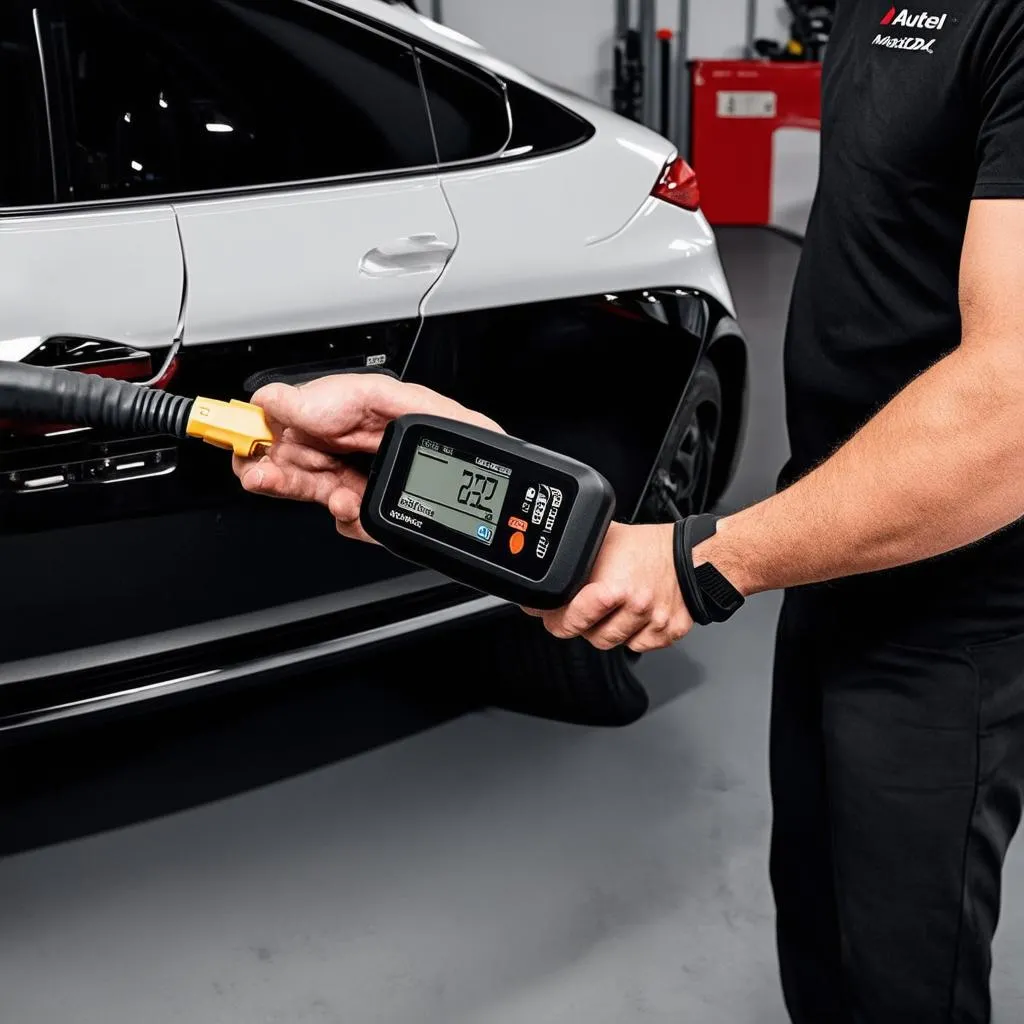 Mechanic using the Autel DS808K on a European Car