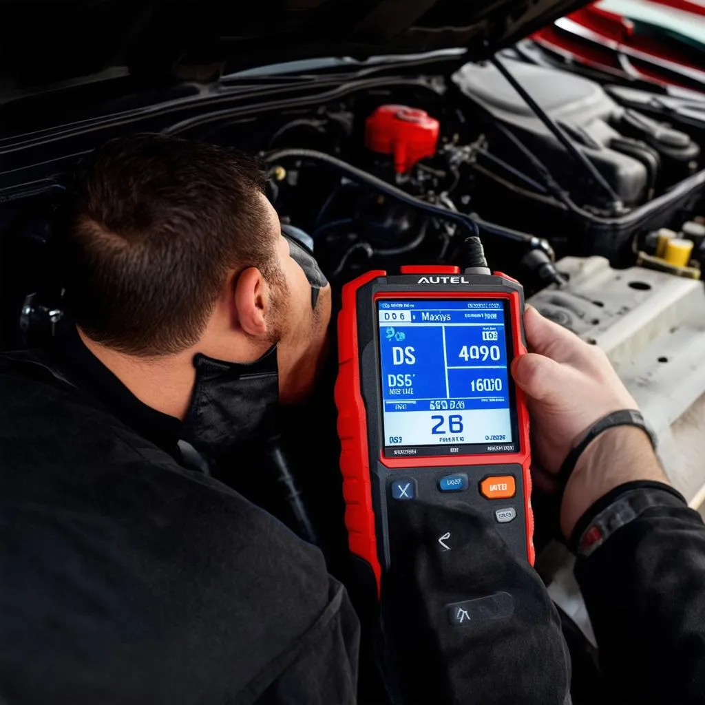 Mechanic using Autel DS908 Bi under car hood