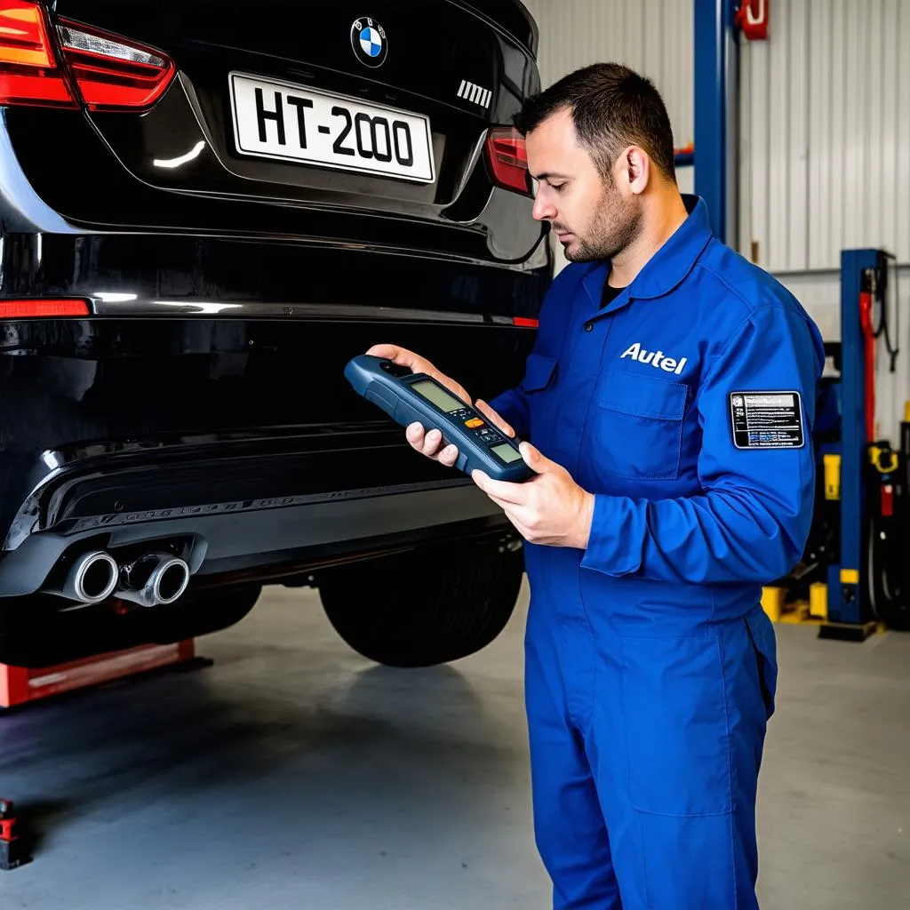 Mechanic using the Autel HT200 for diagnostics