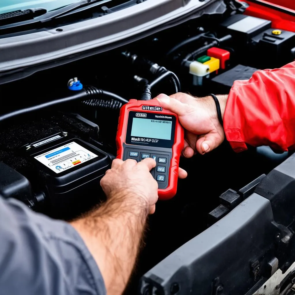 A mechanic is using the Autel IM608 to perform ECU programming on a car.