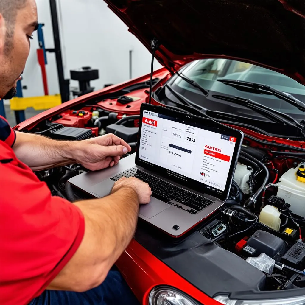 Mechanic using the Autel J2534 VCI to diagnose a car problem