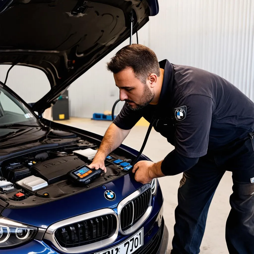 Mechanic using Autel JP701 on European car