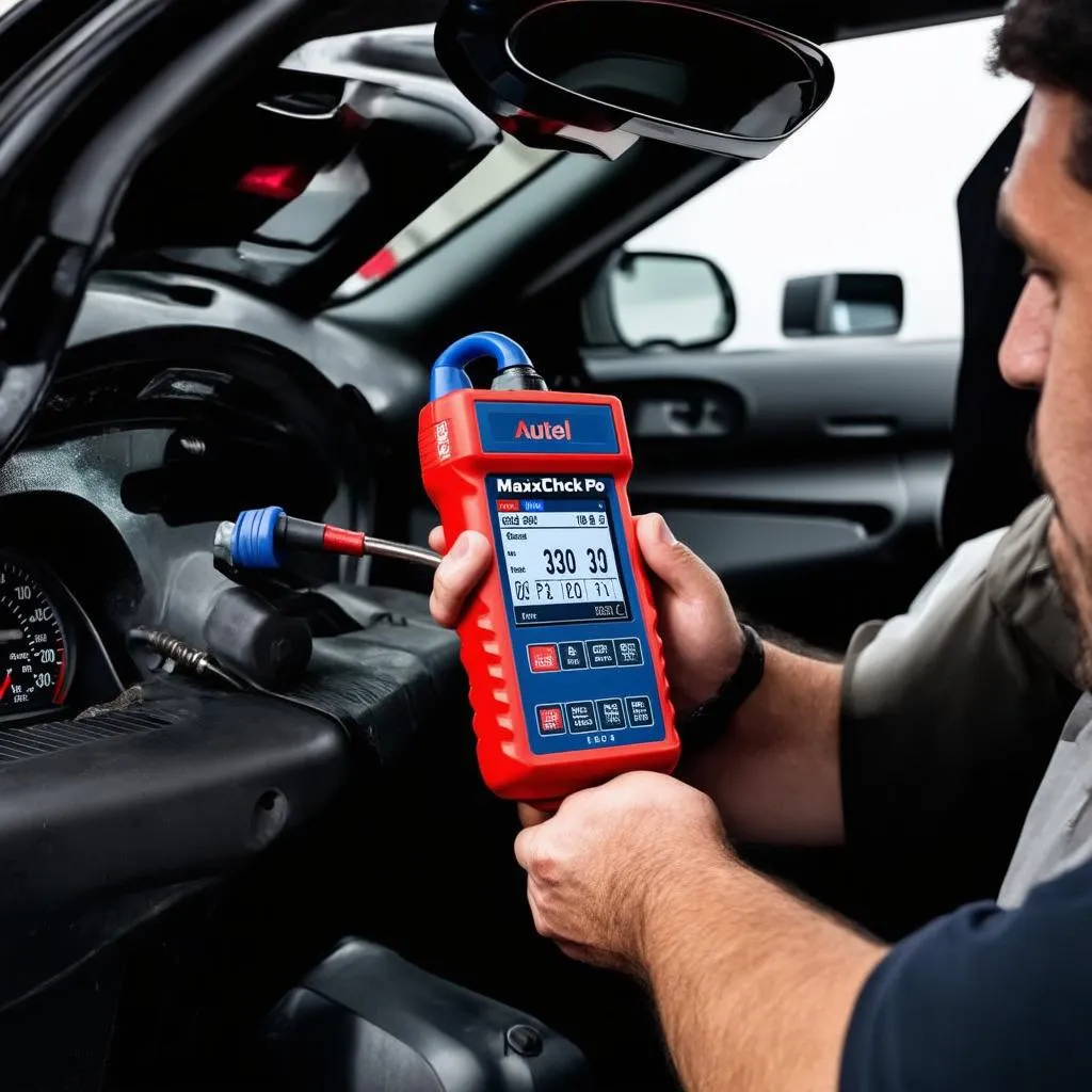 Mechanic using Autel MaxiCheck Pro for diagnostics