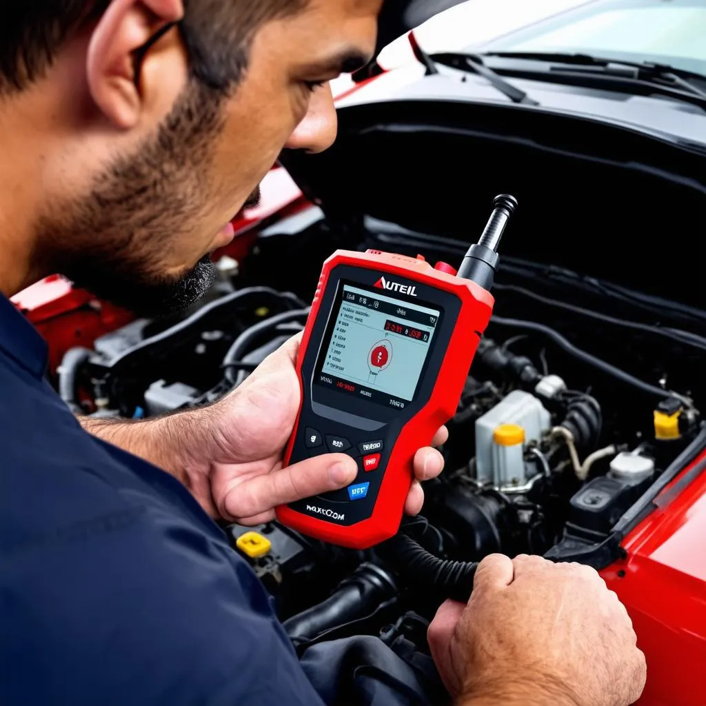 Mechanic using Autel MaxiCOM MK808 on car engine