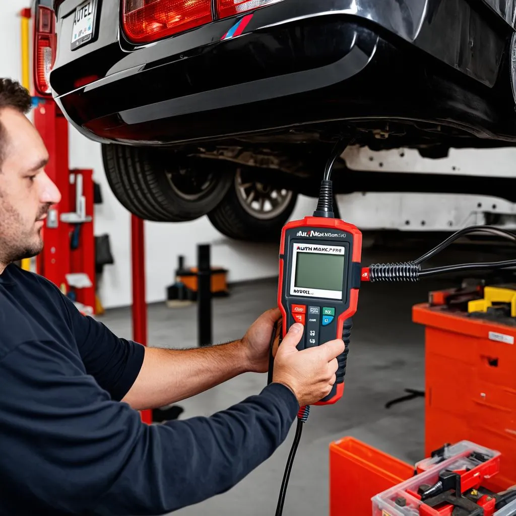 Mechanic using Autel MaxiCOM MK908PRO on a car