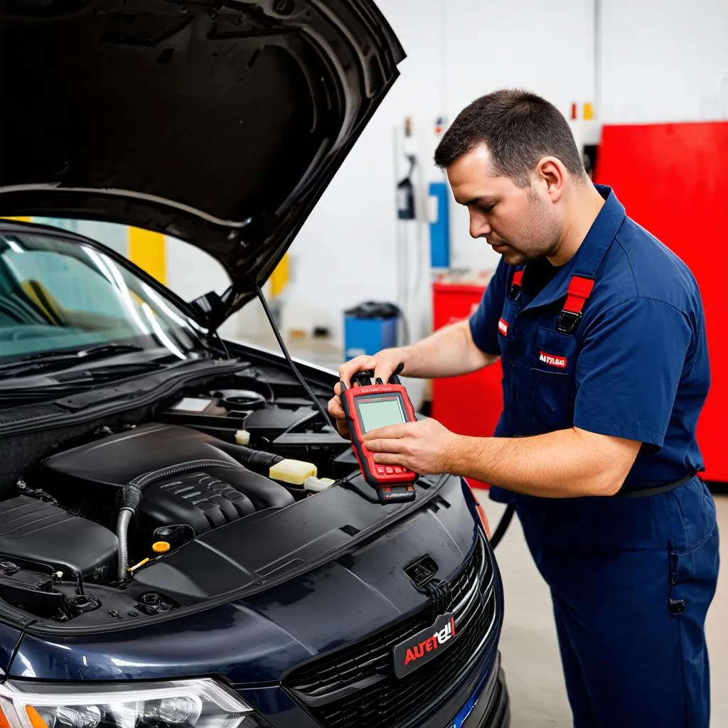 Mechanic Using Autel MaxiDAS DS708 on a Car