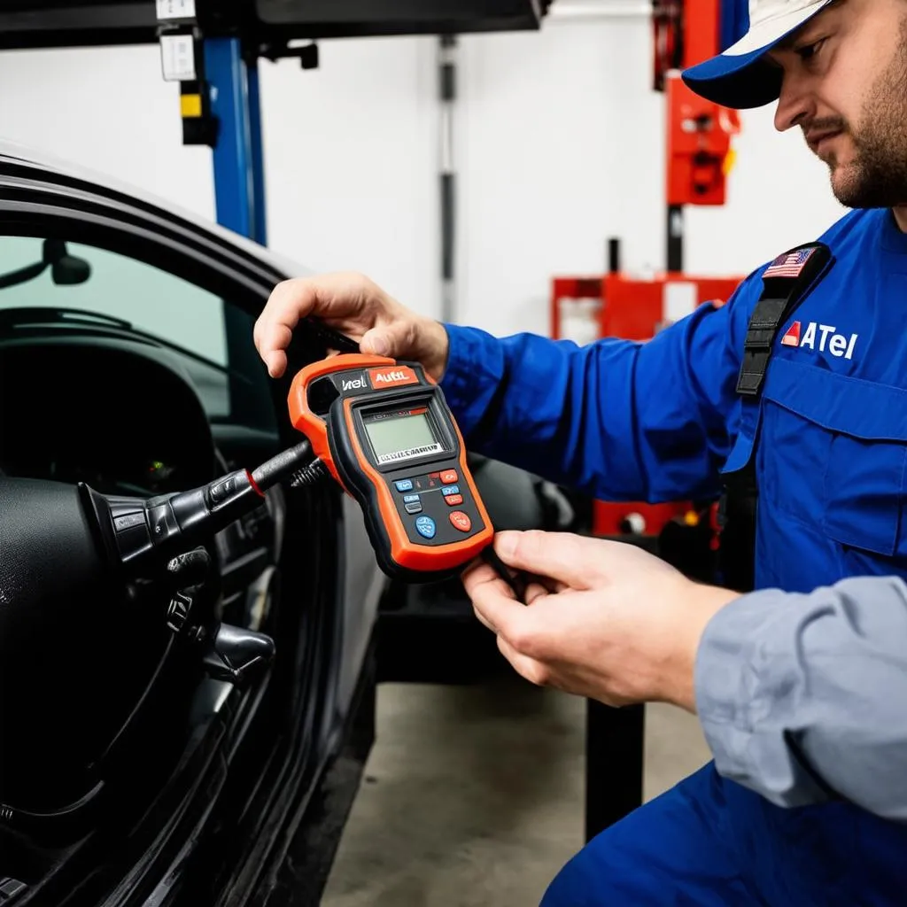 Mechanic using the Autel MaxiDiag US703 to diagnose a car problem