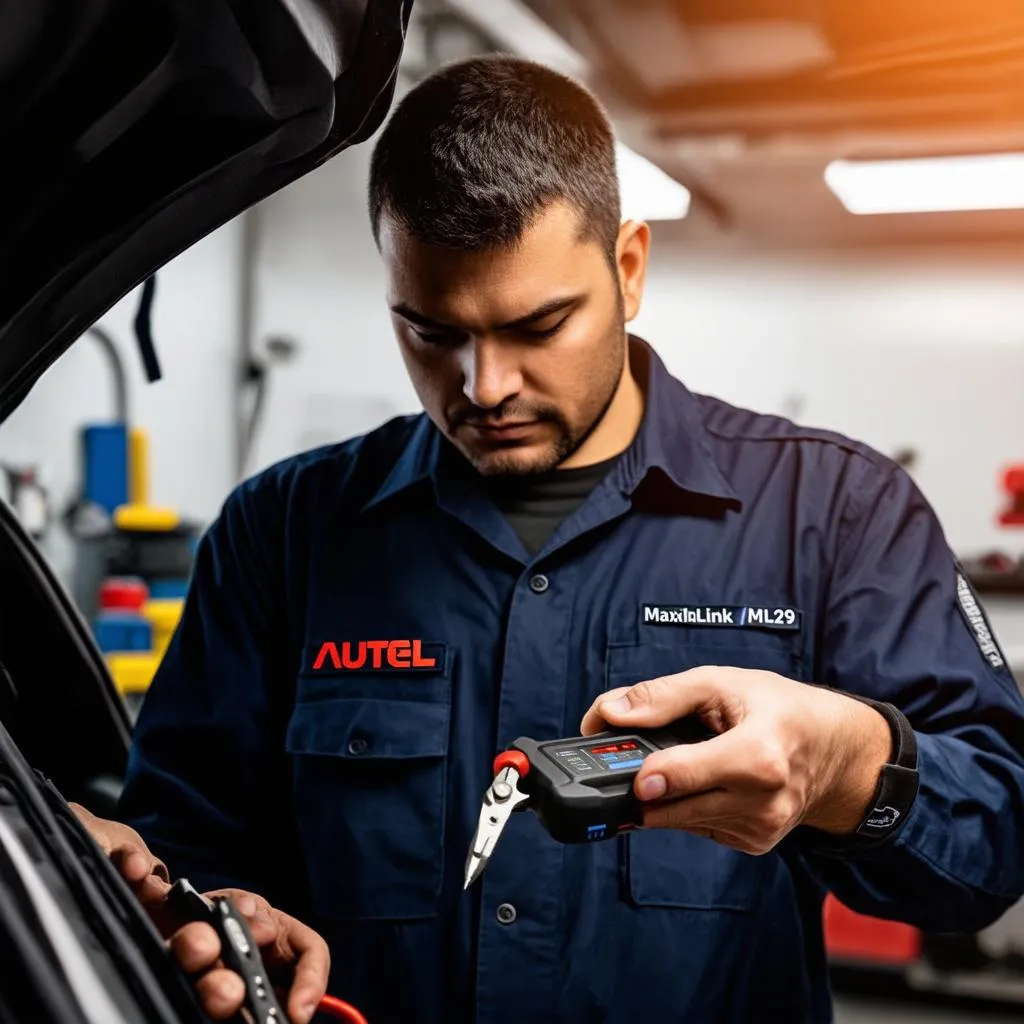 Mechanic Using Autel MaxiLink ML629 OBD2 Scanner