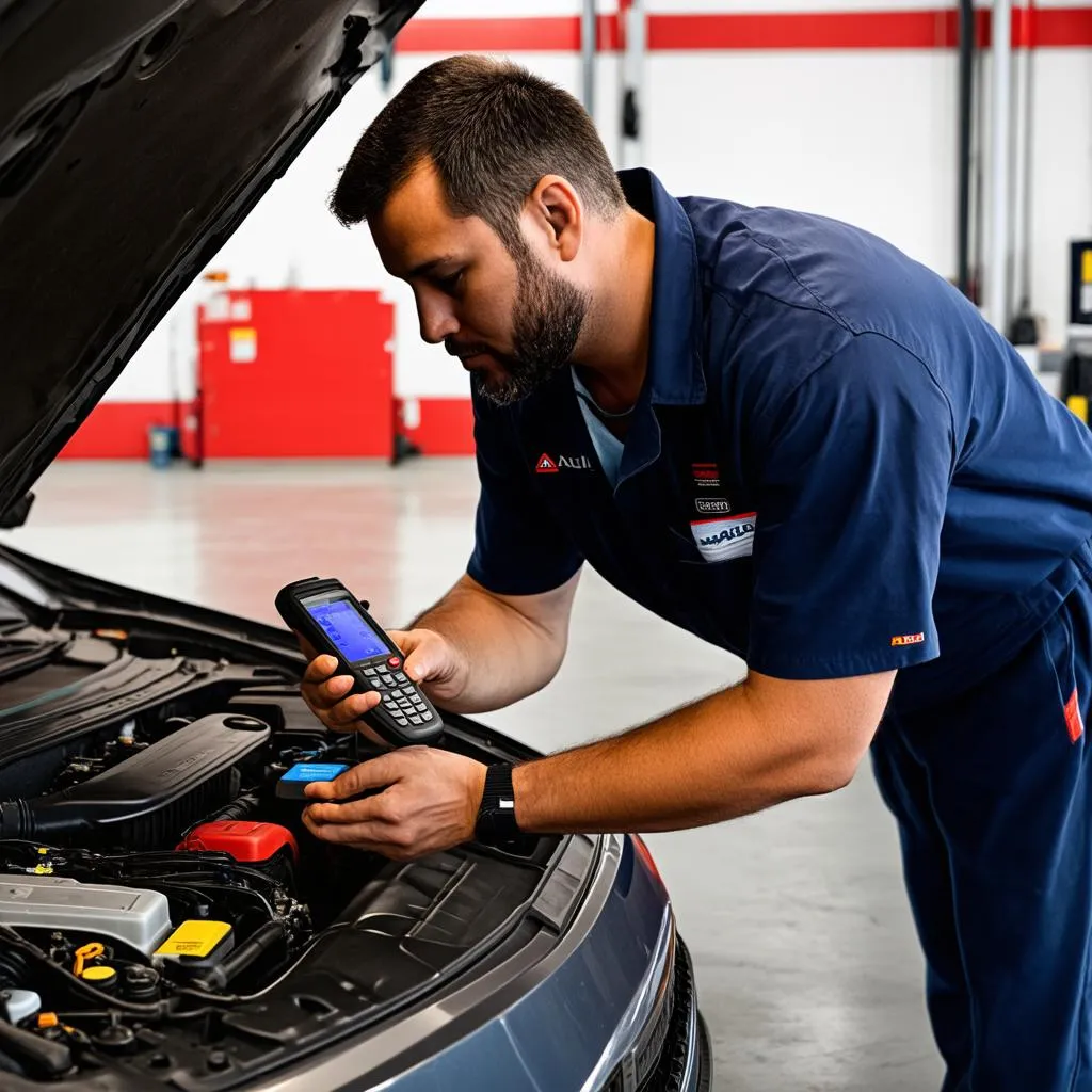 Mechanic using Autel MaxiScan GS500 to diagnose car problems