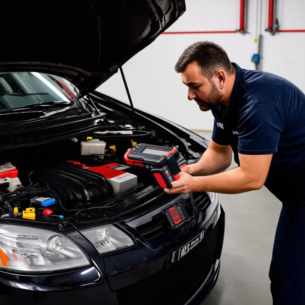 Mechanic plugging an Autel MaxiScan MS509 into a car's OBD2 port