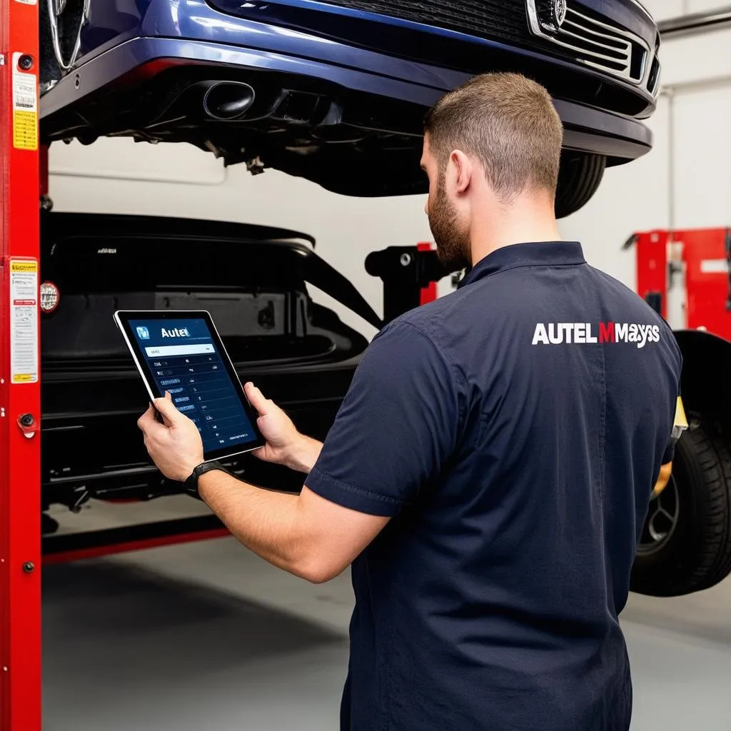 Mechanic using Autel MaxiSys to diagnose car problem