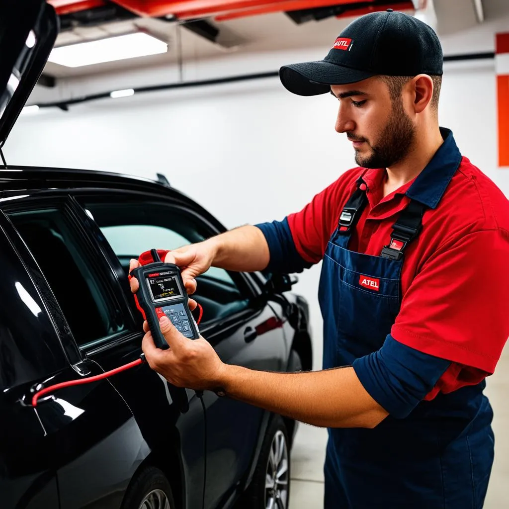 Mechanic using the Autel MaxiSys 908S Pro on a car