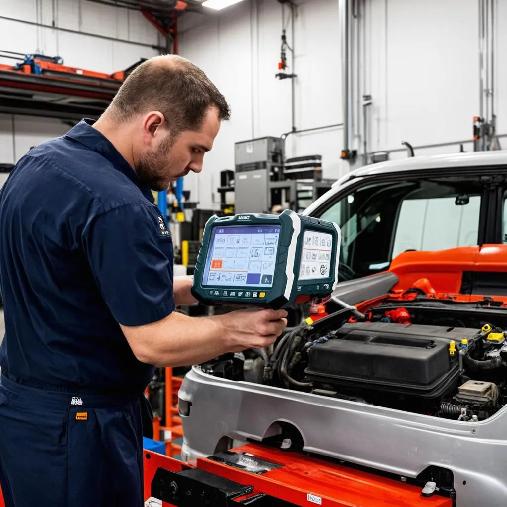 Mechanic Using Autel MaxiSys CV 908 HINO