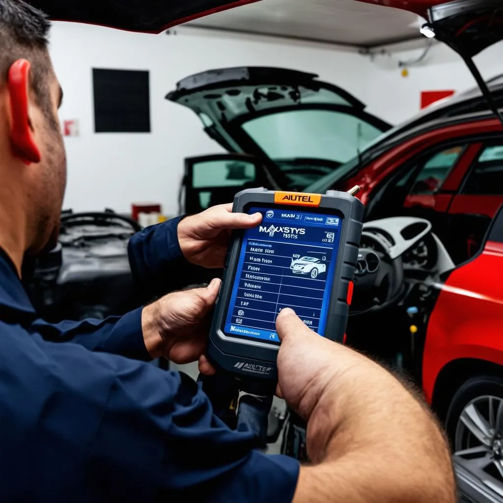 Mechanic Using Autel MaxiSYS MS906TS in Garage